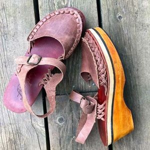 FREE PEOPLE Woven Leather Platform Clogs Wood Sole Brown Size 38 (US 7.5–8)